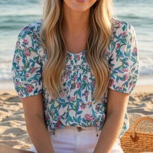 J Crew Cottagecore Coastal Cotton Print Gathered Puff Sleeve Blouse Top M